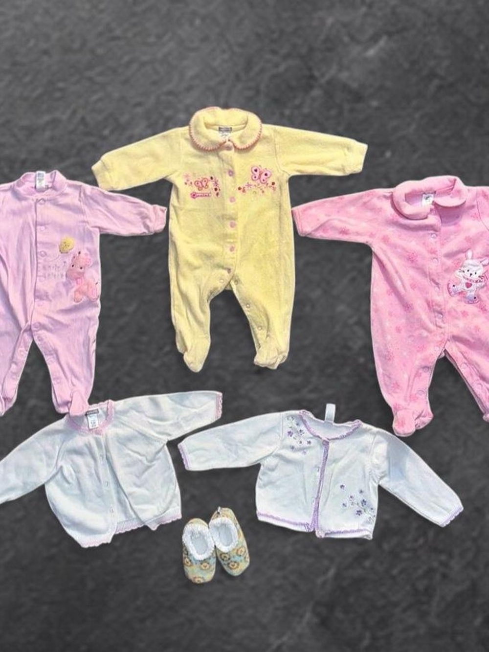 Vintage 80s Pastel Embroidered Baby Girl 6 Month Footed Sleepers & Cardigan Lot